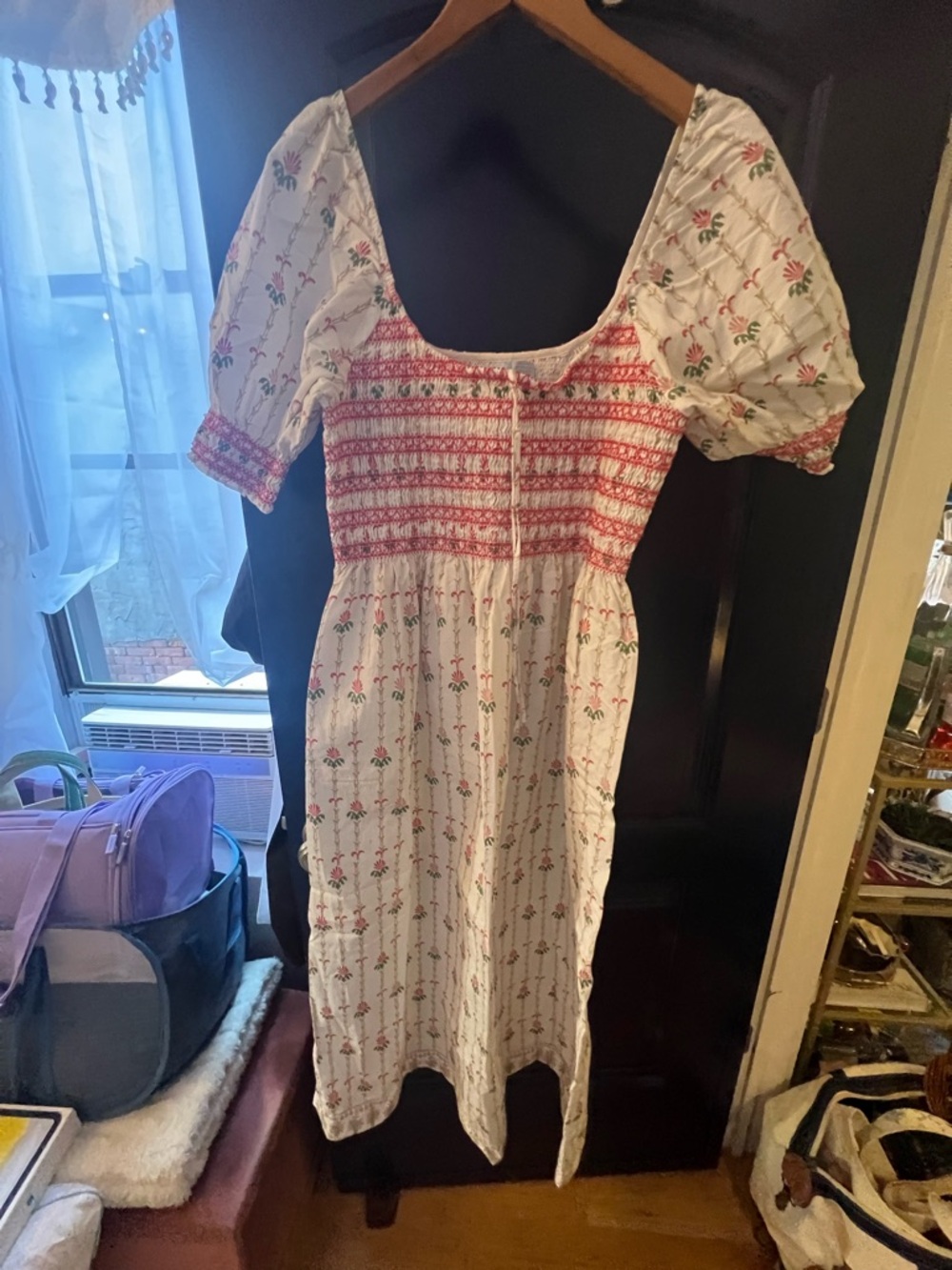 Hill House White Midi Dress with Pink Floral Smocked Bodice